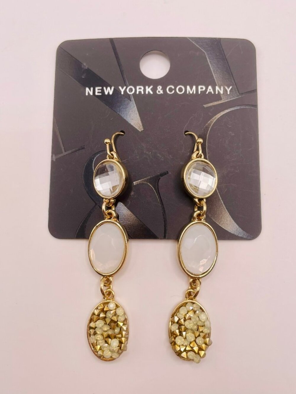 New York & Company Gold-Tone Drop Earrings White Stone & Crystal -21B
